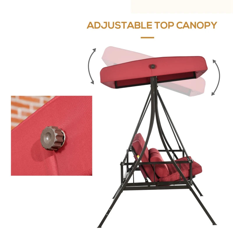 3 Person Porch Swing Bed, Outdoor Patio Swing Chair Bench Hammock with Adjustable Canopy, Cushions, Pillows for Porch and Backyard, Red