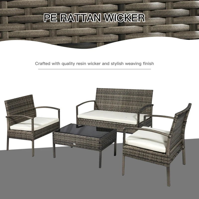 4 Pieces Patio Furniture Sets with A Loveseat, Two Armchairs and A Coffee Table, Outdoor Conversation Set with Glass Top Table, Grey PE Rattan and Cream White Cushions