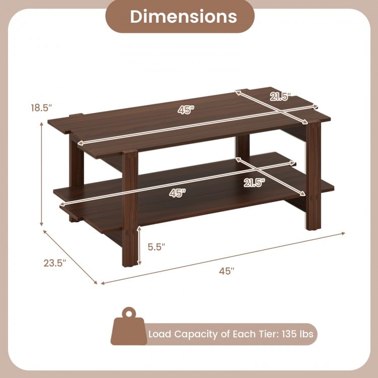 2-Tier Coffee Table Slatted Wood Center Table with Storage Shelf-Walnut