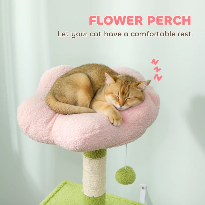 48" Flower Cat Tree with Scratching Post, Cozy Bed, Condo, Climbing Ladder, Perch, Dangling Ball, Green