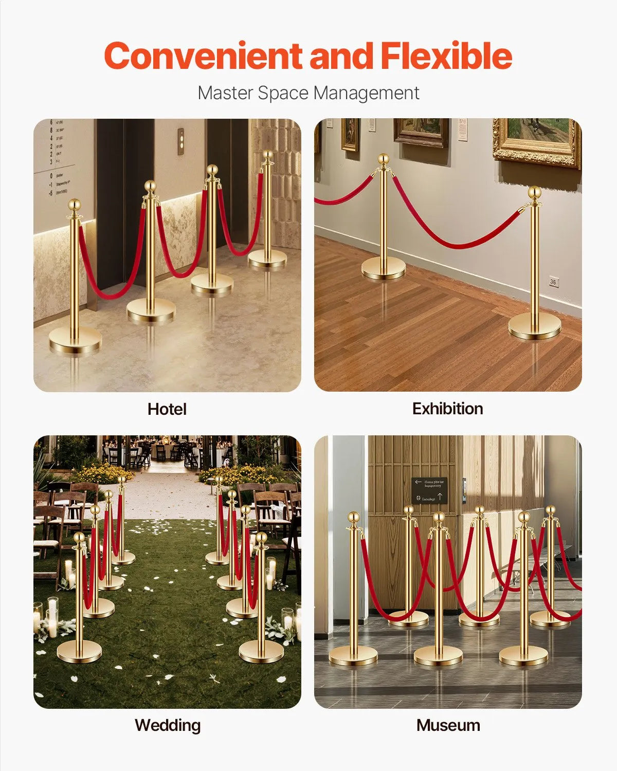 VEVOR 8 Pcs Gold Stanchion Post 6 Red Velvet Ropes Sand Injection Hollow Base