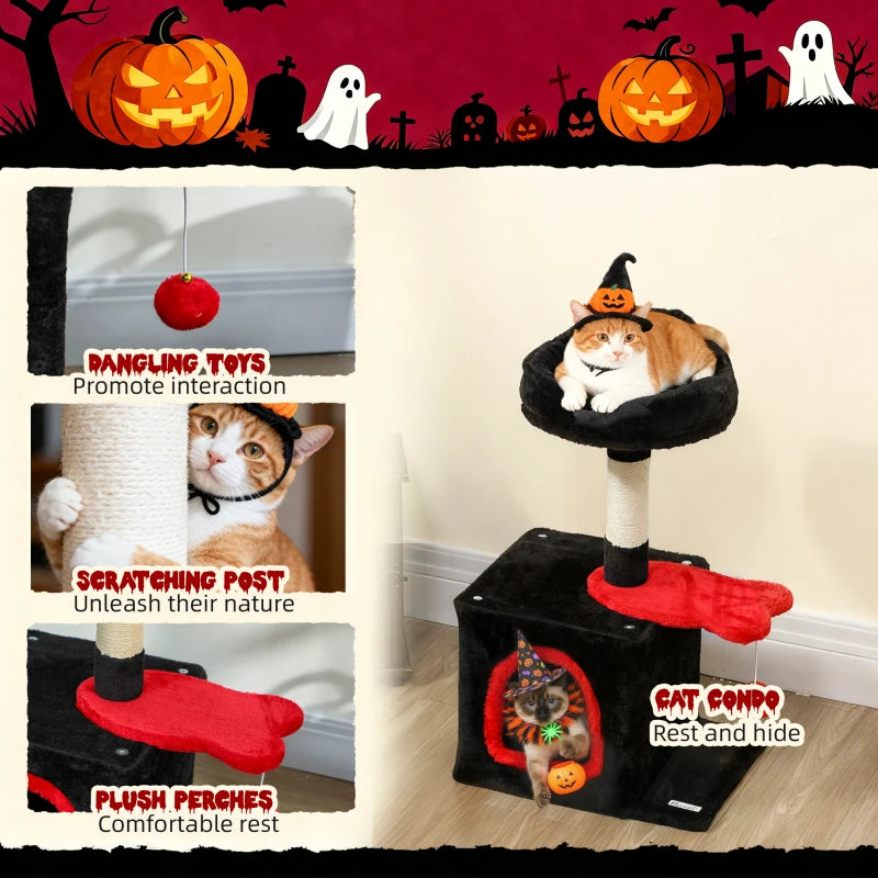 28" Gothic Cat Tree Tower with Plush Top Bed, Cozy Condo, Sisal Scratching Post, Perch, Dangling Ball, Red & Black