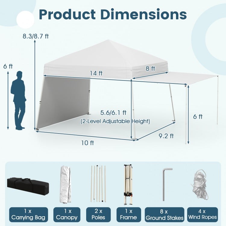 14 x 9.2 Feet Pop up Canopy Tent with 2 Convertible Sidewalls to Awning and Stakes-White