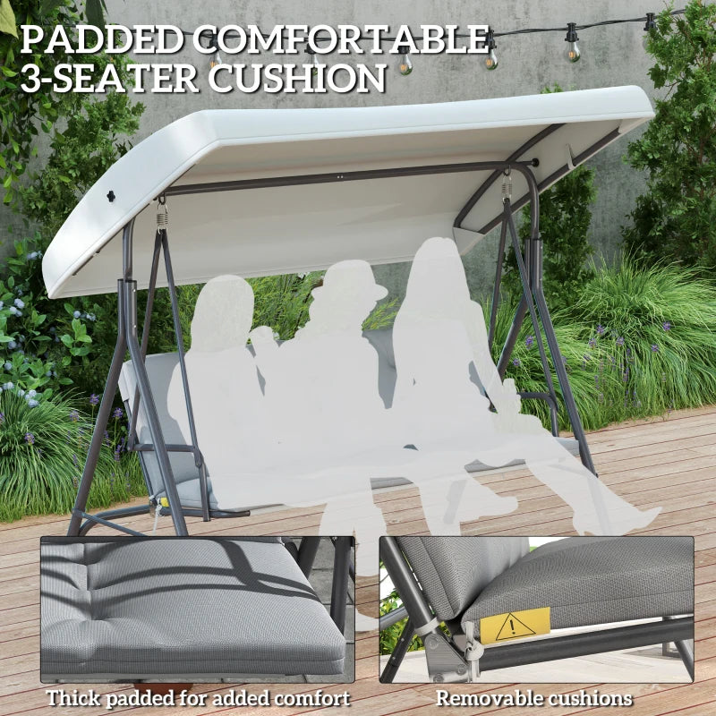 3-Seat Patio Swing Chair, Outdoor Porch Swing Glider with Adjustable Canopy, Light Grey