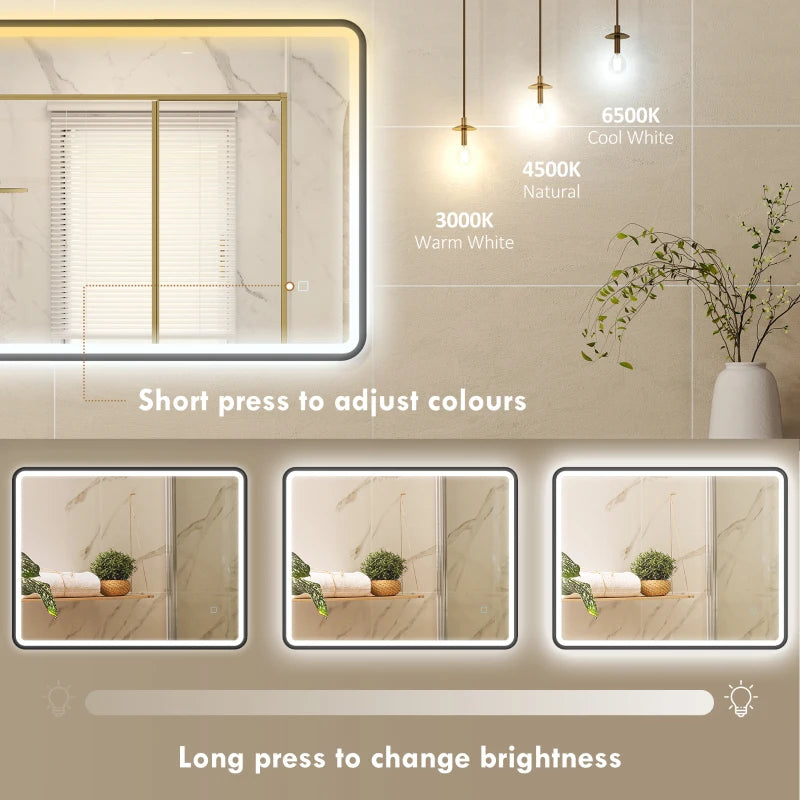 36" x 28" Bath Mirror with LED Lights, Wall Mounted Restroom Mirror, 3 Colours, Dimmable, Horizontal/Vertical, Black