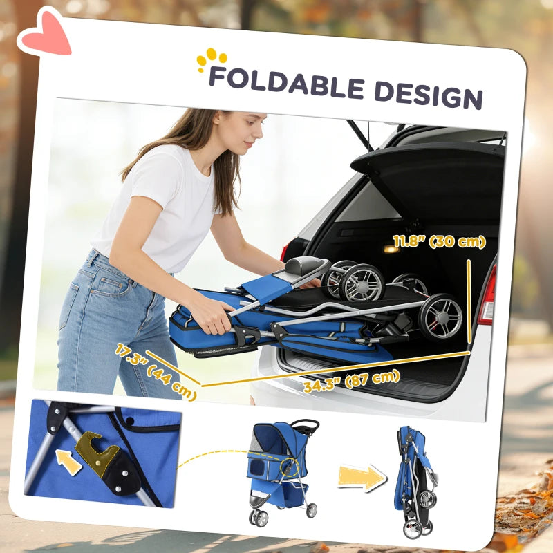 3 Wheels Foldable Dog Stroller with Storage Basket, Adjustable Canopy, Cupholder for Miniature and Small Dogs, Blue