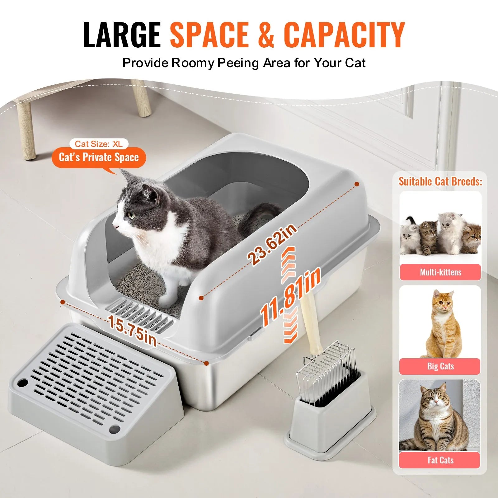 VEVOR 6 in Deep Cat Litter Box Odor-Free Litter Box with Filtering Foot Board