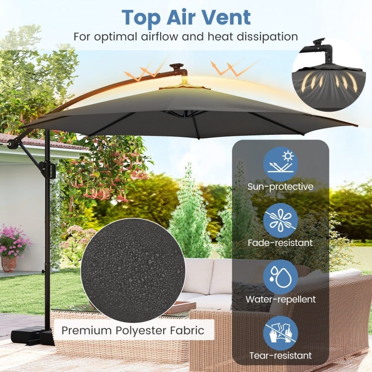 10 Feet Solar Offset Hanging Umbrella with Base and LED Lights-Gray