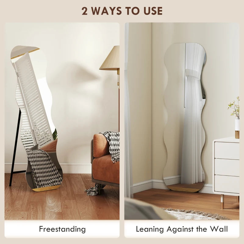 64" x 21" Full Length Mirror, Irregular Wavy Frameless Full Body Mirror with Pine Wood Base for Bedroom, Black