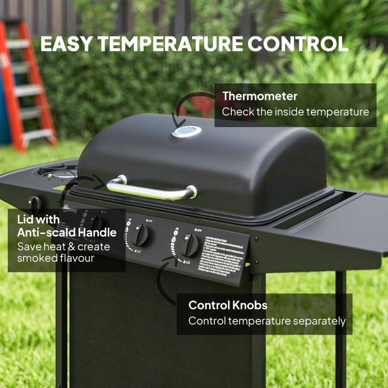 3+1 Burner Propane Gas BBQ Grill, Portable Gas Barbecue Grill with Side Burner, Thermometer, Lid, Side Table, Shelf, Spice Rack, Wheels, Grease Cup for Garden, Black