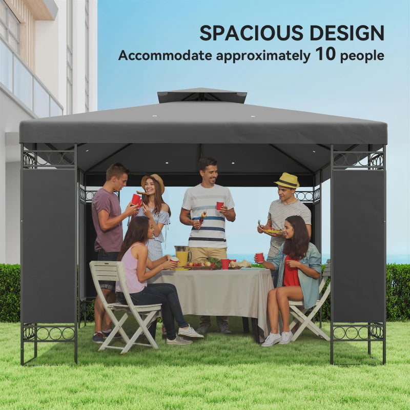 10 x 10 FT Canopy Gazebo, Double Roof Patio Gazebo with Screen Panels and Metal Frame for Deck, Backyard, Dark Grey