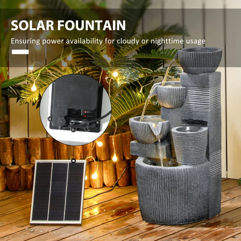 Solar Powered Outdoor Water Fountain, 4-Tier Floor Standing Resin Cascading Bowls Waterfall Fountain with LED Lights