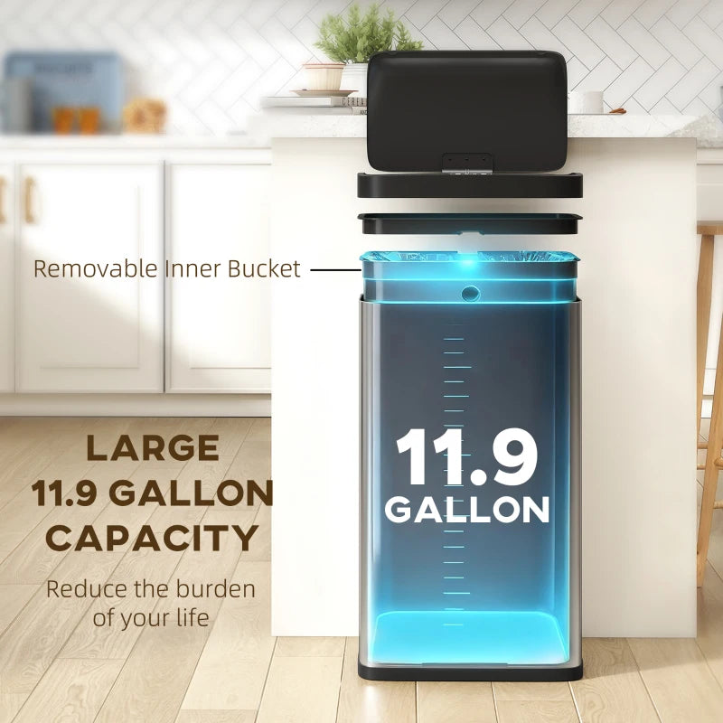 12 Gallon Sensor Can, Automatic Garbage Can with Soft-Close Lid, Fingerprint-Proof Stainless Steel, Silver