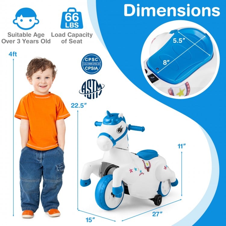 12V Unicorn Ride on Toy with Training Wheels and Horse Riding Mode-Navy