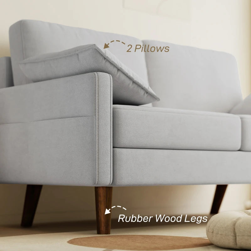 3 Seater Sofa, Velvet Upholstered Couch with Spring Cushions, Rubber Wood Legs and 2 Pillows, Grey