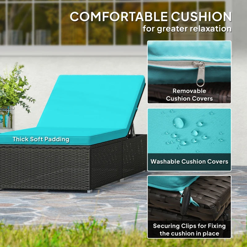 3pc Rattan Lounge Chair Set with Side Table Outdoor Patio Synthetic Rattan Wicker Sun Bed Set with Cushion