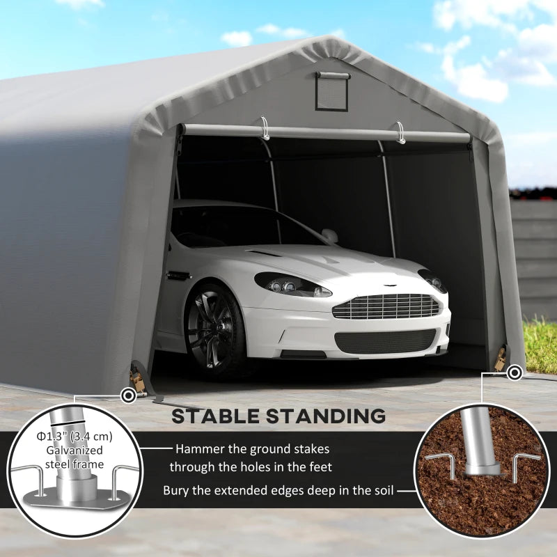 12' x 20' Portable Garage, Heavy Duty Carport Canopy with Ventilation Windows and Large Roll-up Door, Light Grey