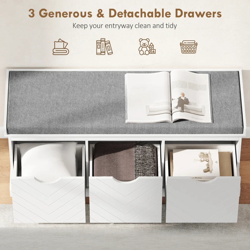 Shoe Storage Bench, Linen-Look Entryway Bench with 3 Removable Drawers and Padded Seat Cushion for Hallway, White