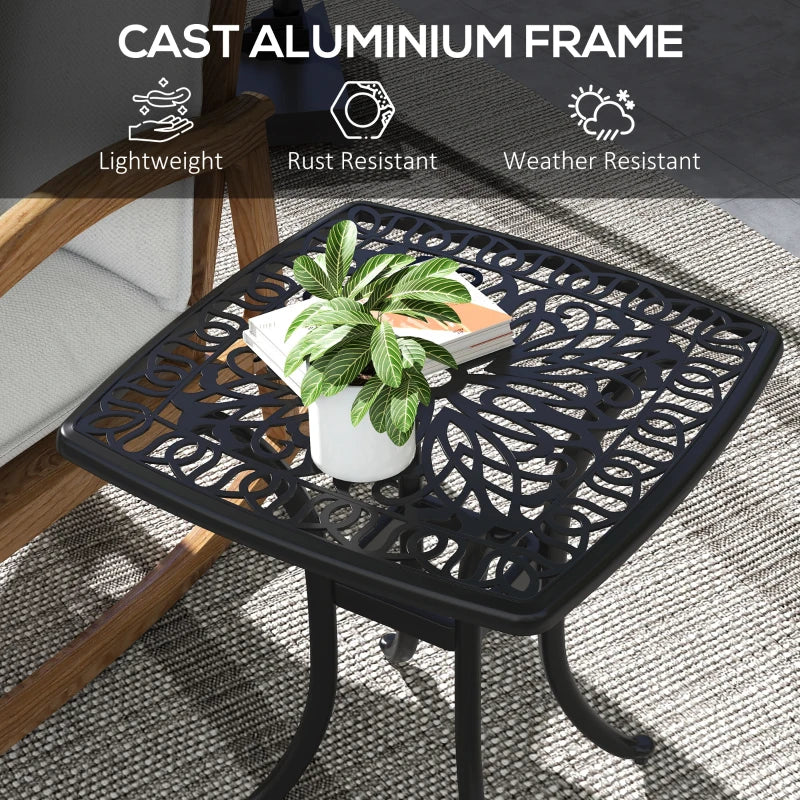 21" Square Outdoor End Table, Cast Aluminum Patio Side Table with Umbrella Hole for Garden, Balcony, Poolside, Black