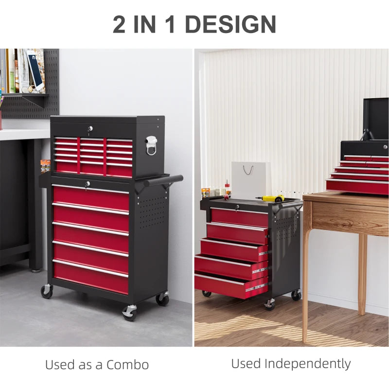 14 Drawer Rolling Tool Chest, Lockable Tool Storage Cabinet with Detachable Top Toolbox, Protective Liner, Red