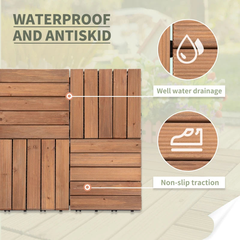 27 Pcs Wood Interlocking Deck Tiles, 12 x 12in Outdoor Flooring Tiles for Indoor and Outdoor Use, Tools Free Assembly, Brown