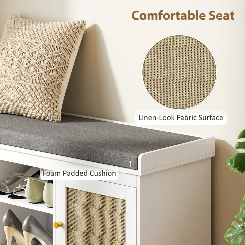 Shoe Bench with Padded Cushion, Boho Entryway Bench with Rattan Doors and Adjustable Shelves, Holds 9 Pairs, White