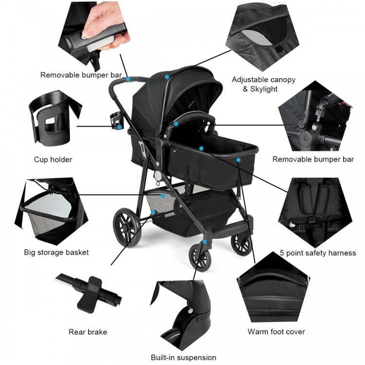 2 in 1 Foldable Pushchair Newborn Infant Baby Stroller-Black