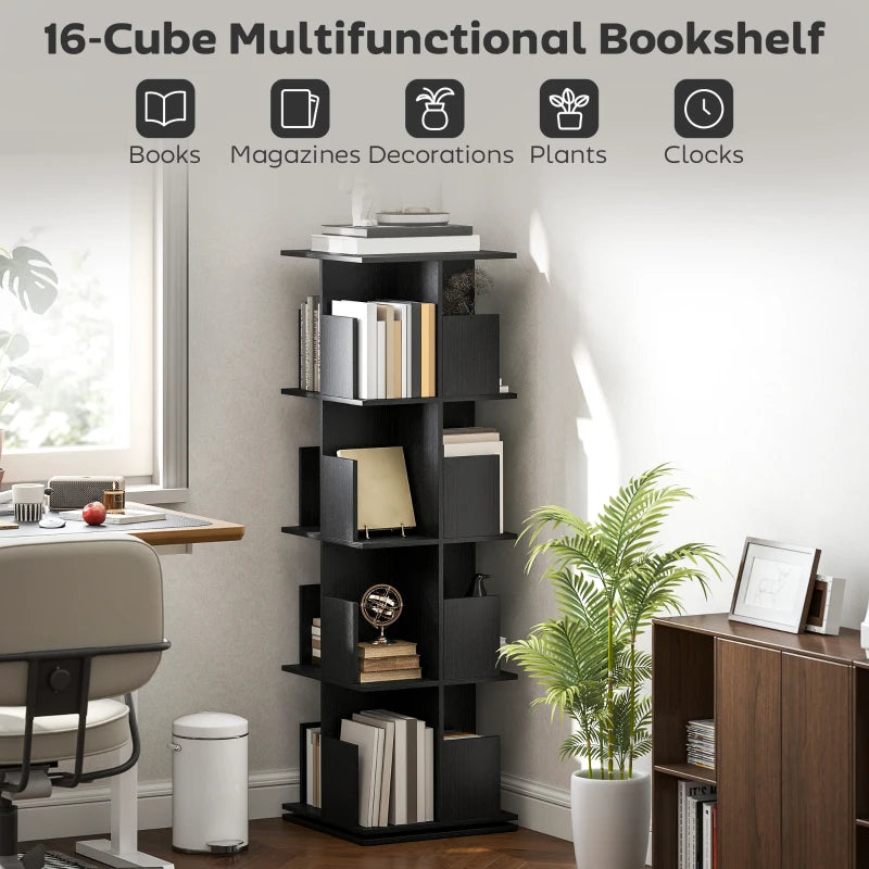360° Rotating Bookcase with Anti-Tipping Straps, Anti-Slip Foot Pads, 4 Tier Bookshelf with 16 Cubbies for Books, Plants, Decorations, Black