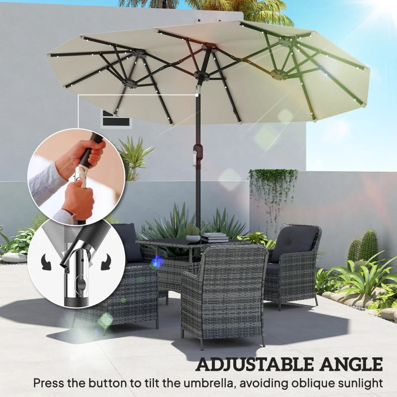 10ft Double-Sided Patio Umbrella with 35 LED Lights, 12 ribs, Extra Large Outdoor Parasol with Twin Canopy, Beige