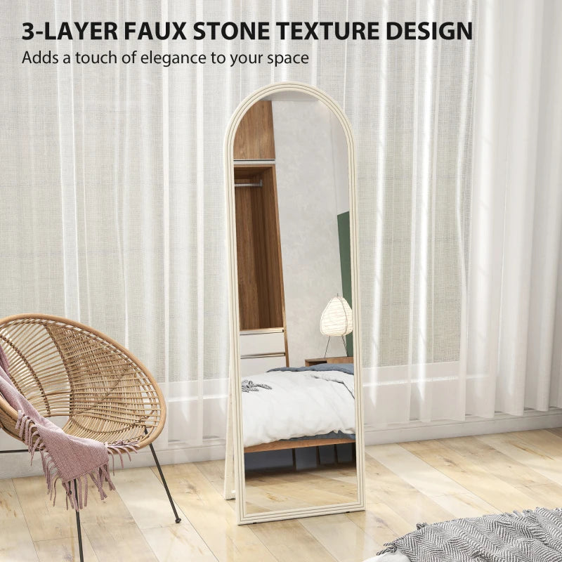 64" x 21" Full Length Mirror, Free Standing, Leaning or Wall, Arched Full Body Mirror with Faux Stone Frame, White