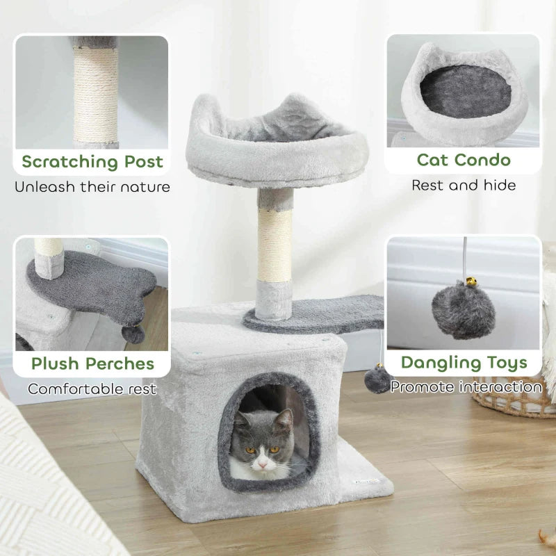 28" Cat Tree Tower with Plush Top Bed, Cozy Condo, Sisal Scratching Post, Perch, Dangling Ball, Light Grey