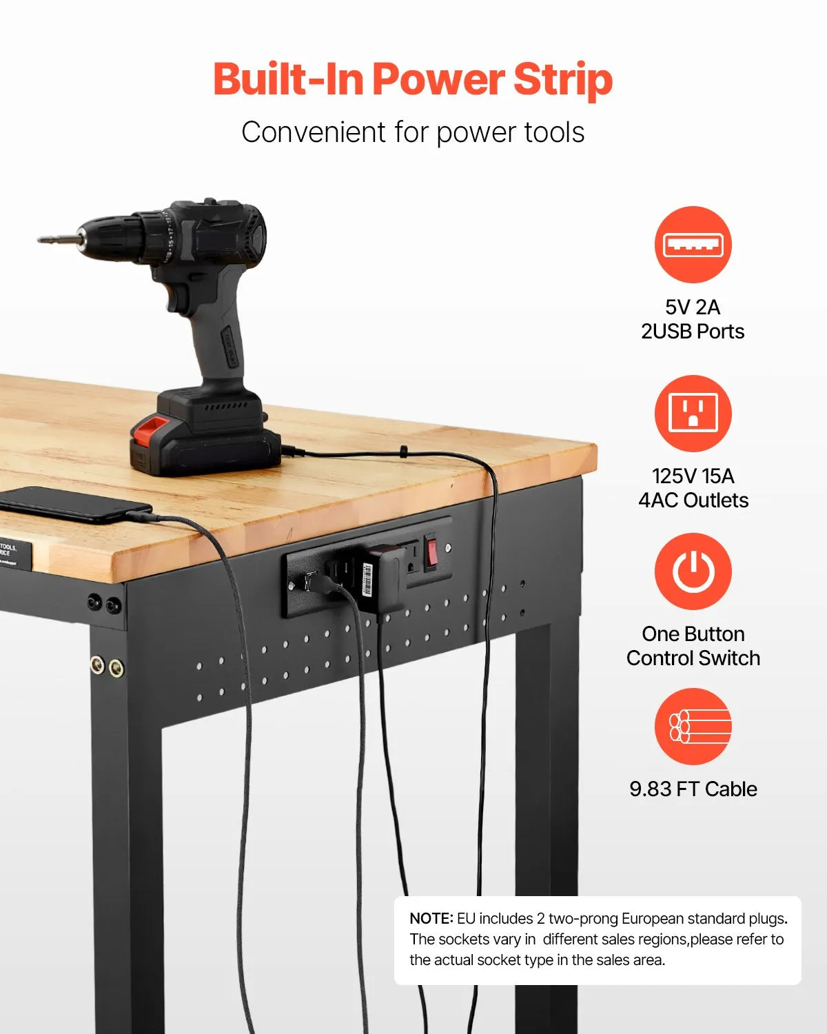 VEVOR 48" Workbench on Wheels Adjustable Height Table with Power Outlet & Pegboard