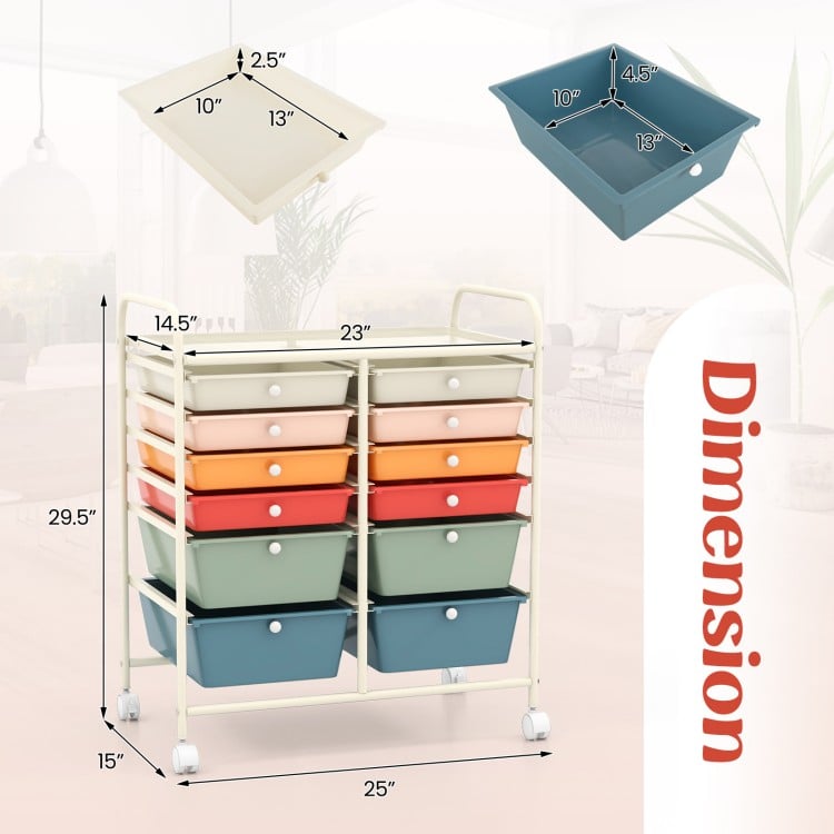 12 Drawers Rolling Cart Storage Scrapbook Paper Organizer Bins-Deep Multicolor