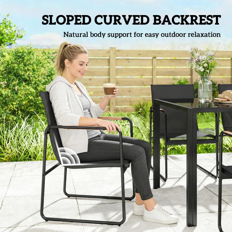 7 Pieces Outdoor Dining Set for 6, Glass Patio Table and Chairs with Decorative Armrests, All Weather Mesh, Black