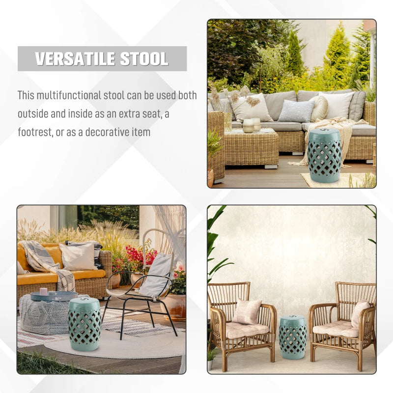 18" Ceramic Garden Stool with Woven Lattice Design, Indoor & Outdoor Decorative Accent Stool, Blue