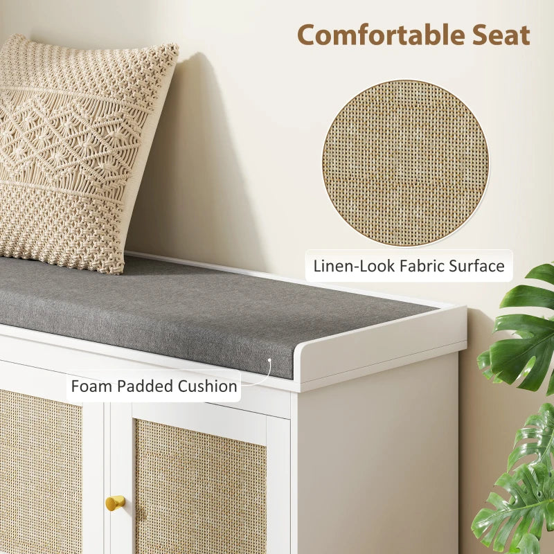 Shoe Storage Bench with Woven Rattan Doors, Shoe Bench with Cushion, Adjustable Shelves, Entryway Bench, White