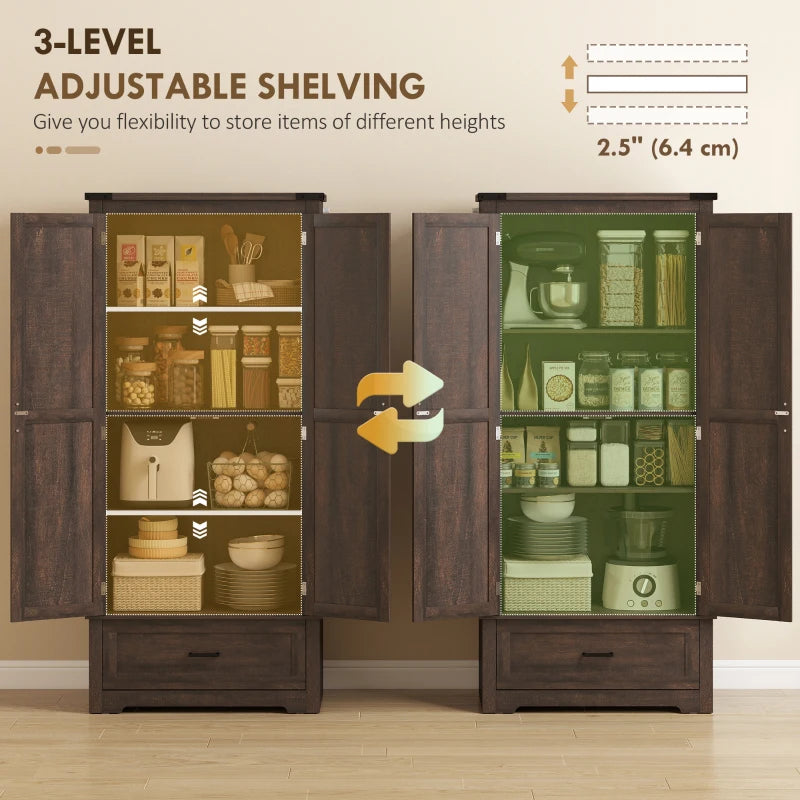 69" Tall Farmhouse Kitchen Pantry Cabinet with 2 Doors, Drawer and Adjustable Shelves, Dark Brown