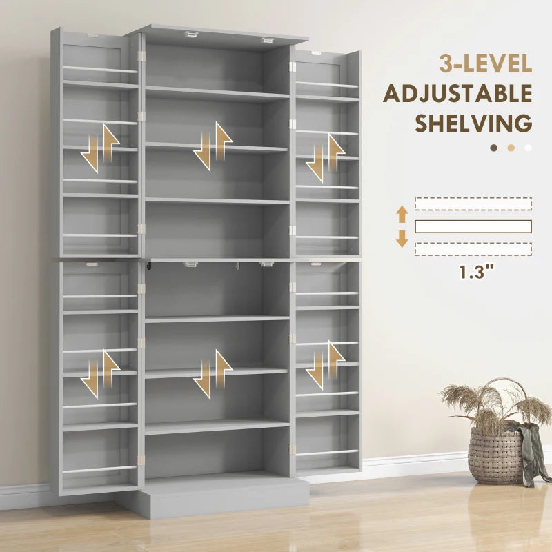 65" Kitchen Cabinet, Kitchen Pantry Cabinet with 4 Doors and 16 Door Shelves for Dining Room, Grey
