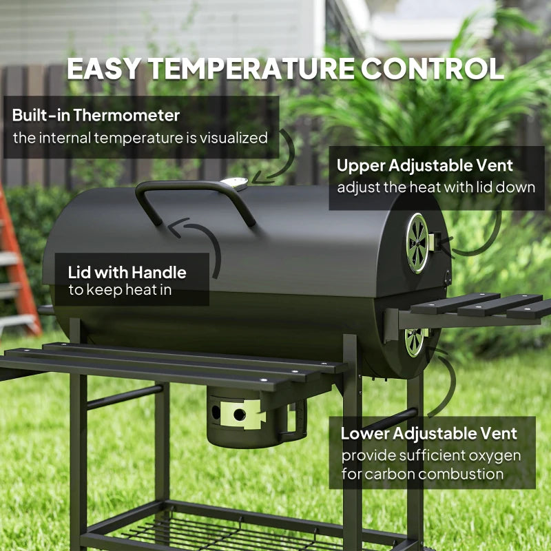 29" Charcoal BBQ Grill Barbecue Grill with Foldable Front Side Table, Spacious Cooking Area, Shelf, Black