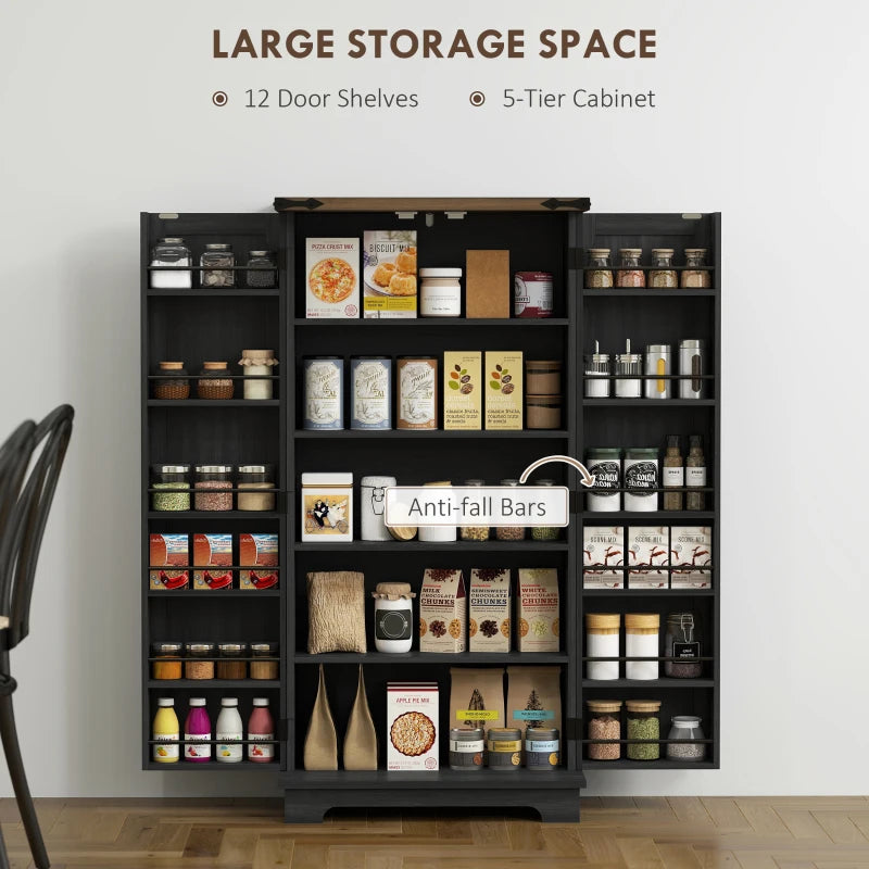47" Kitchen Pantry Storage Cabinet, Farmhouse Kitchen Pantry Cabinet with Adjustable Shelves and Door Shelves, Black