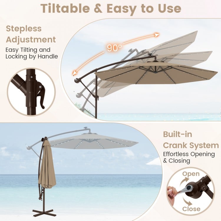 10 Feet Cantilever Umbrella with 32 LED Lights and Solar Panel Batteries-Tan