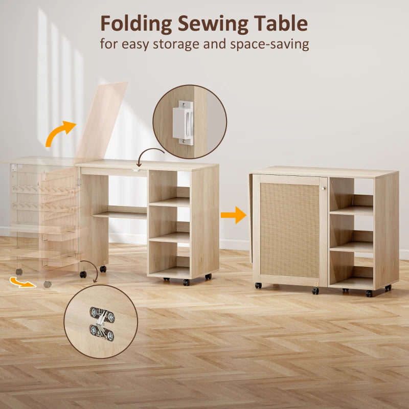 Sewing Machine Table with Drop Leaf, Folding Craft Table Rattan Door and Storage Shelves for Small Spaces, Natural