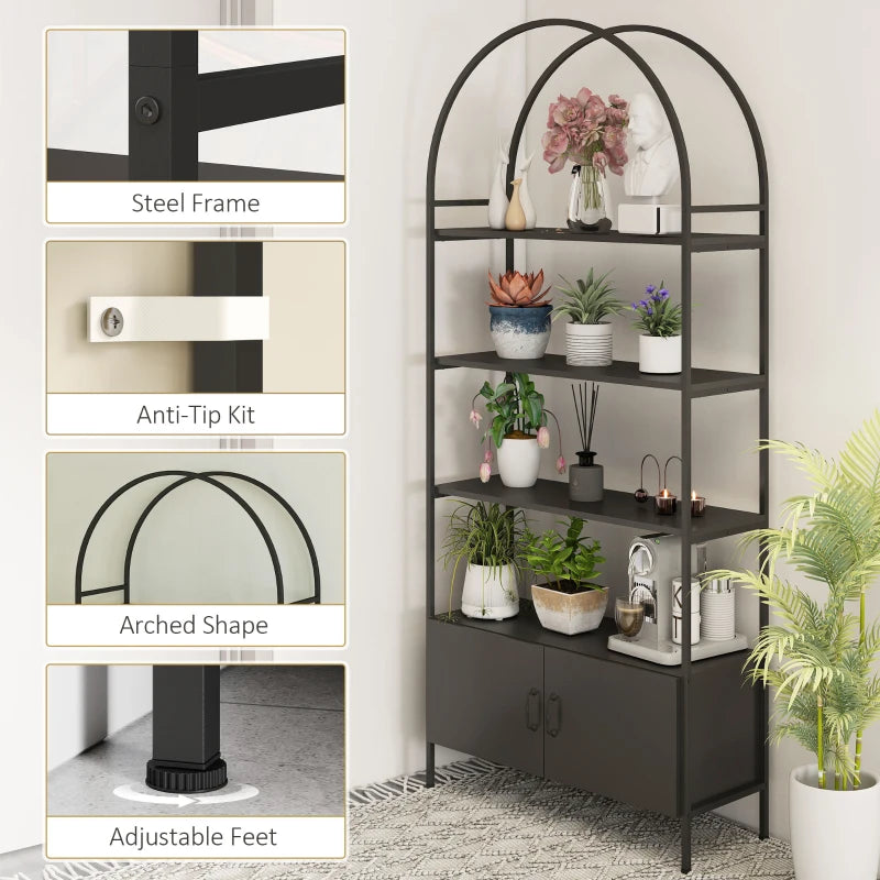 4-Tier Arched Shelving Unit with Cabinet, Bookshelf for Living Room, Office, 31.5" x 11.8" x 73.6", Black