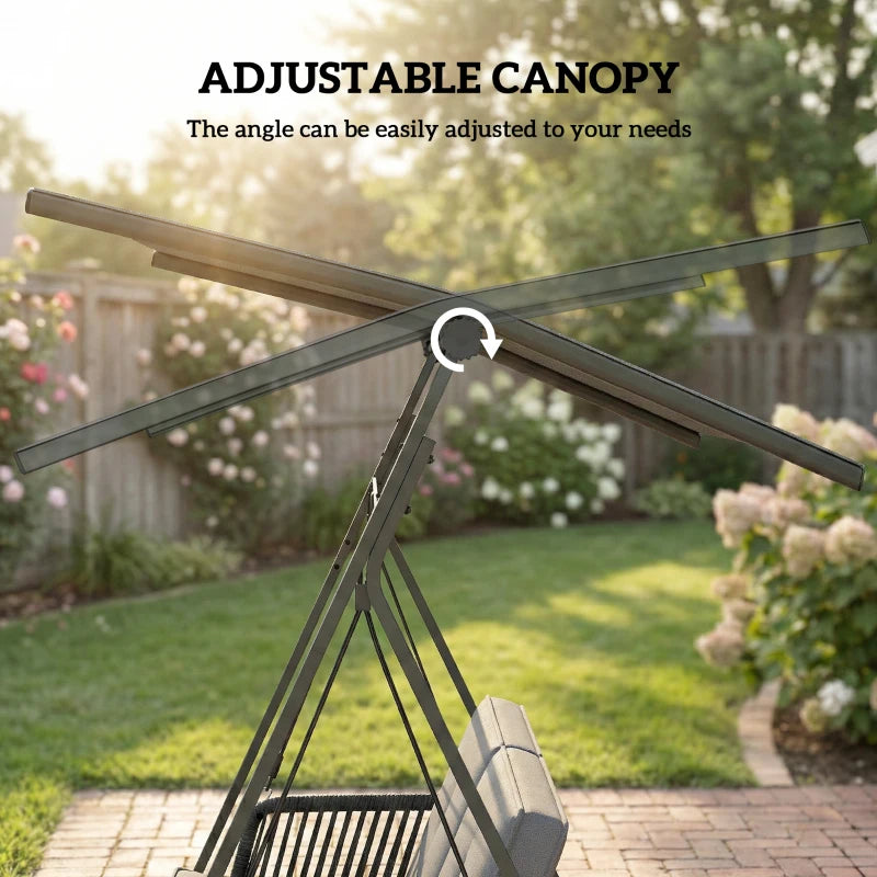 2-Person Outdoor Patio Porch Swing with Adjustable Canopy, Rattan Hanging Swing Bench with Soft Cushions