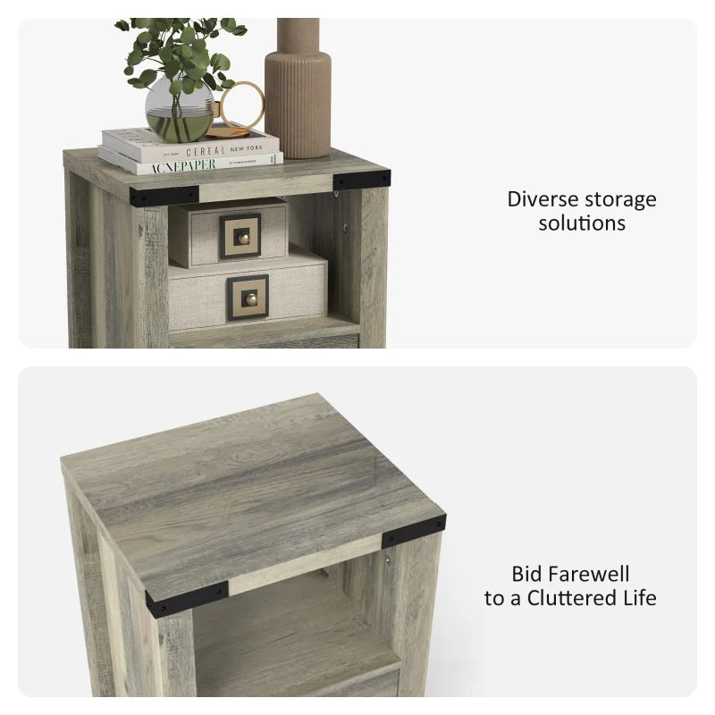 Small Side Table with Storage, Farmhouse End Table with Drawer, Open Shelf and Barn-style Panel, Nightstand for Living Room, Bedroom, Grey