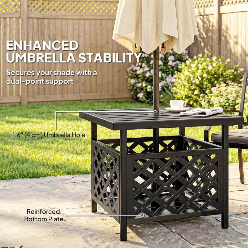 22" Outdoor Coffee Table, Patio Side Table with Umbrella Hole Slatted, Metal Top, for Garden, Backyard, Poolside, Black