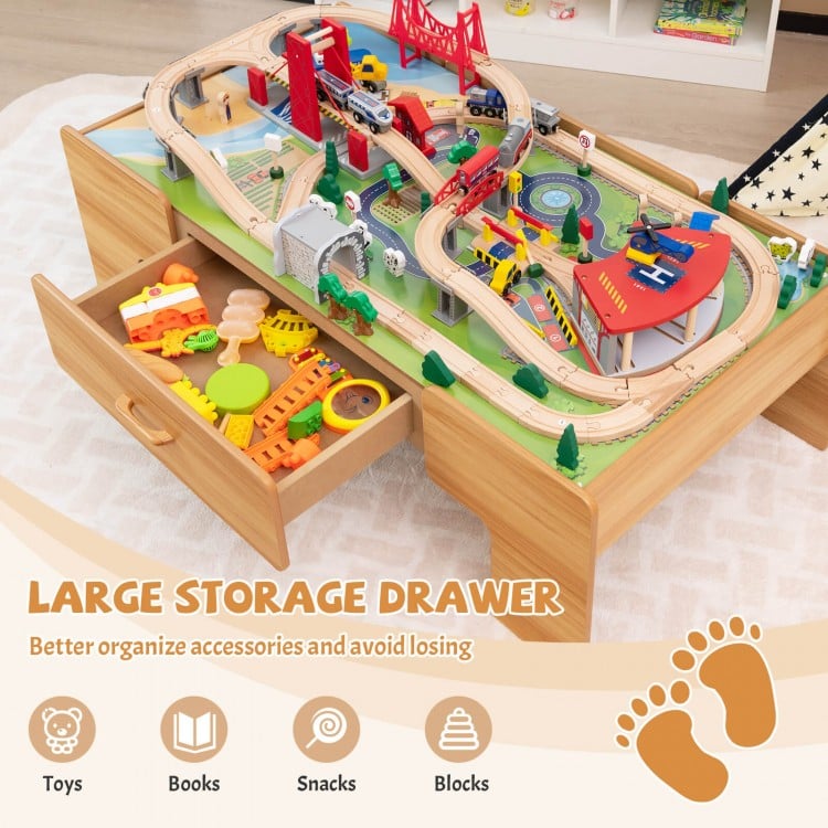 100-Piece Double-Sided Wooden Train Set Table with Storage Drawer for Kids Age 3 +