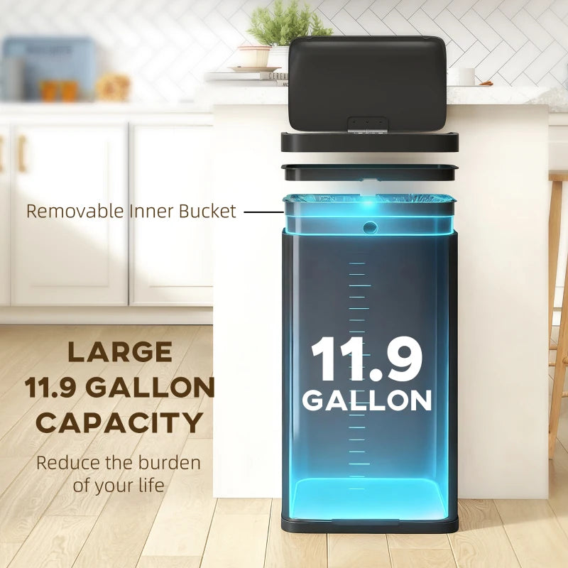 12 Gallon Sensor Can, Automatic Garbage Can with Soft-Close Lid, Fingerprint-Proof Stainless Steel, Matte Black