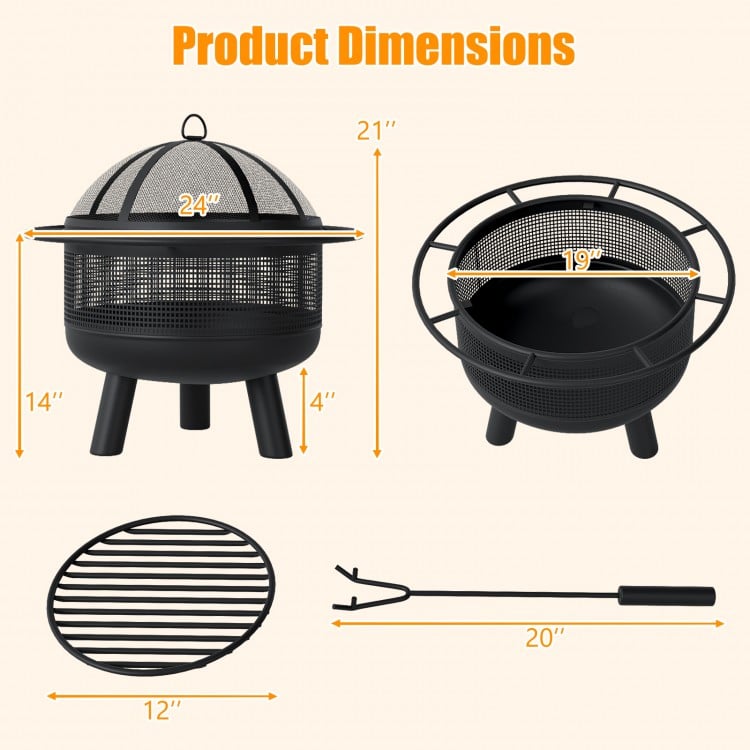 24 Inch Wood Burning Fire Pit with Log Grate and  Mesh Screen for Outside