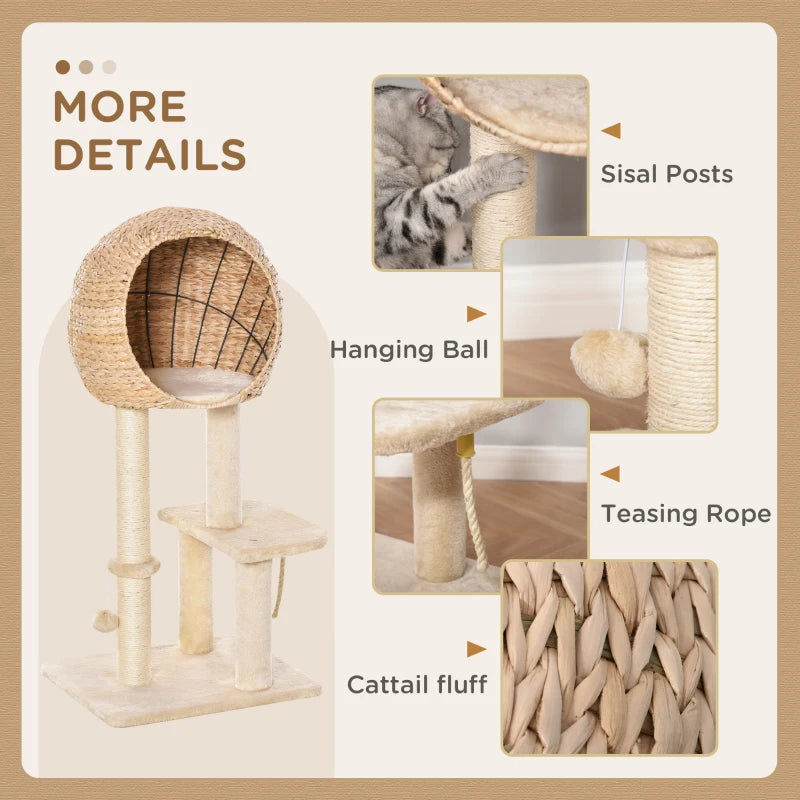 39" H Cat Tree with Sisal Scratching Post, Condo, Plush Perch, Hanging Rope and Hanging Ball, Beige